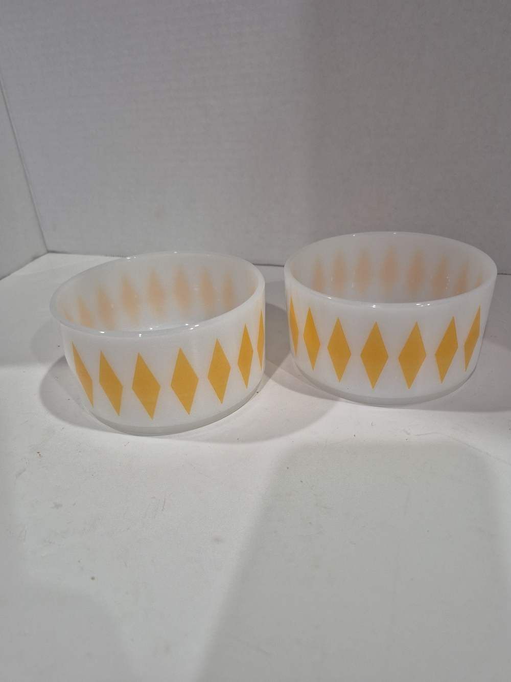 Vintage 1950's Fire King Milk Glass Yellow Diamond  Harlequin Bowls (Pair)